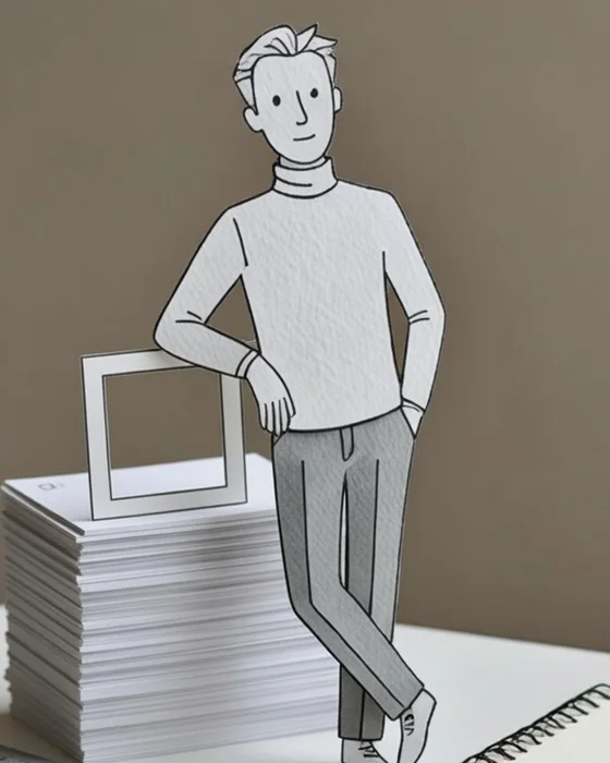 A paper cut-out man in a turtleneck leaning on an empty square frame set on a stack of paper