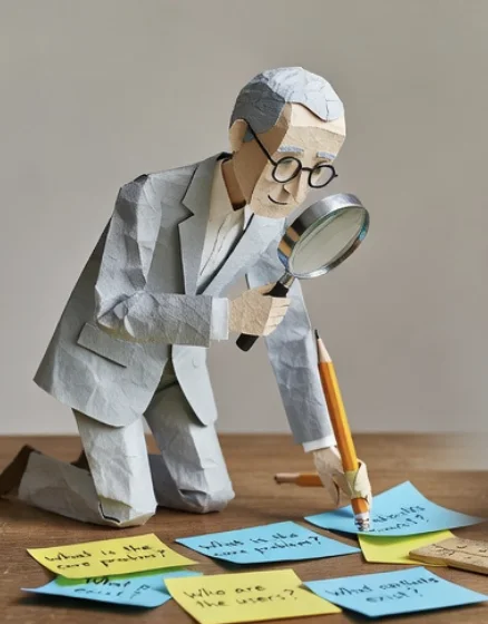 A paper cut-out man with round glasses peering through a magnifying glass at sticky notes of questions