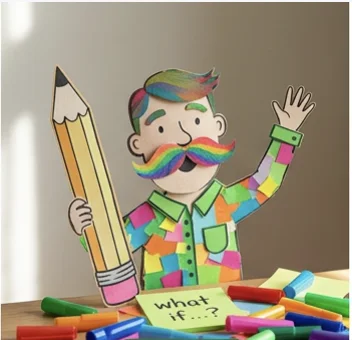 A paper cut-out man with a rainbow moustache holding a giant pencil beside a 'what if…?' note