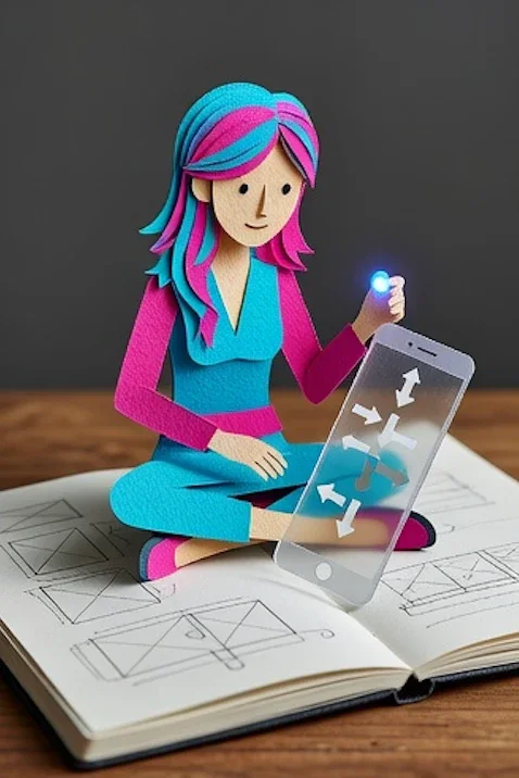 A paper cut-out girl with cyan and magenta hair sitting on a sketchbook of wireframes, holding a clear phone mock-up