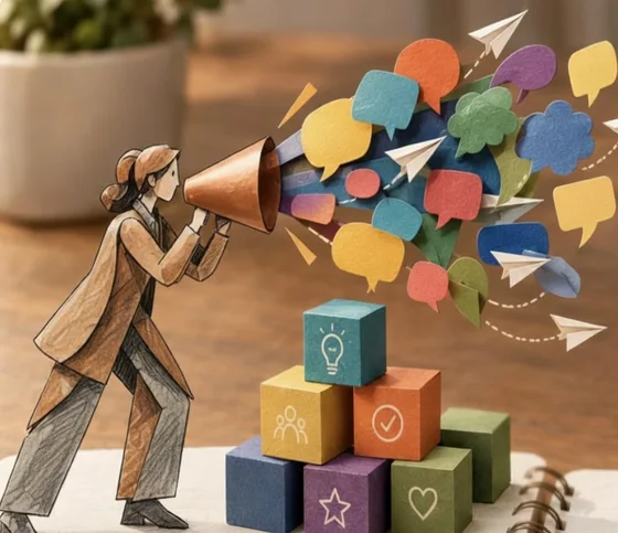 A paper cut-out woman calling through a megaphone, a burst of paper speech bubbles and paper planes flying out
