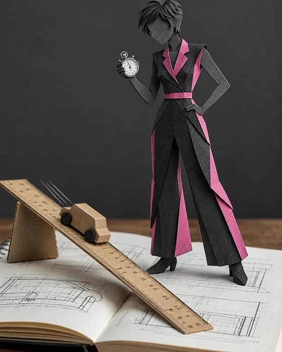 A paper cut-out woman in a black and pink suit timing a cardboard car down a ruler ramp with a stopwatch